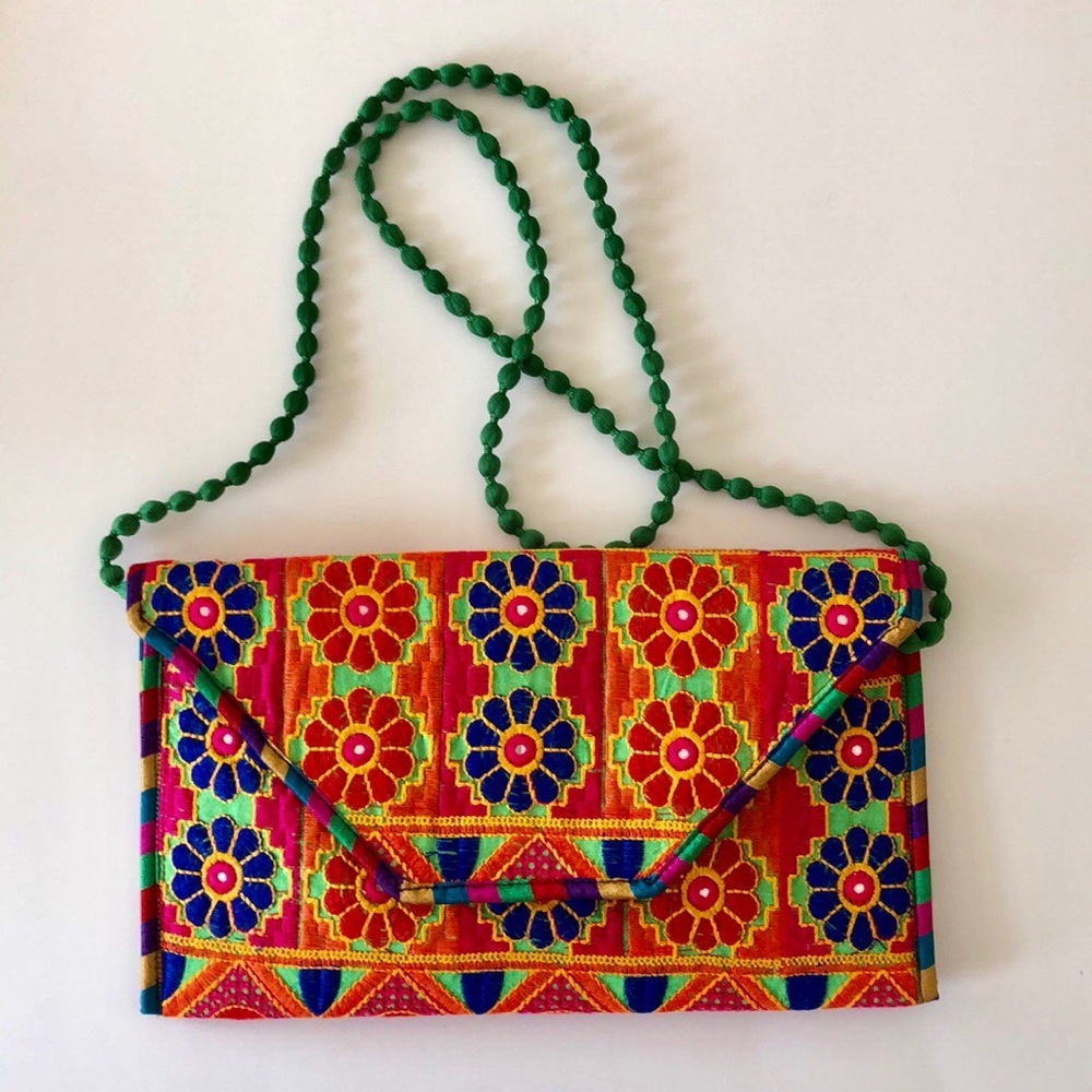 Handmade Embroidered Fold Over Clutch-Sling Bag